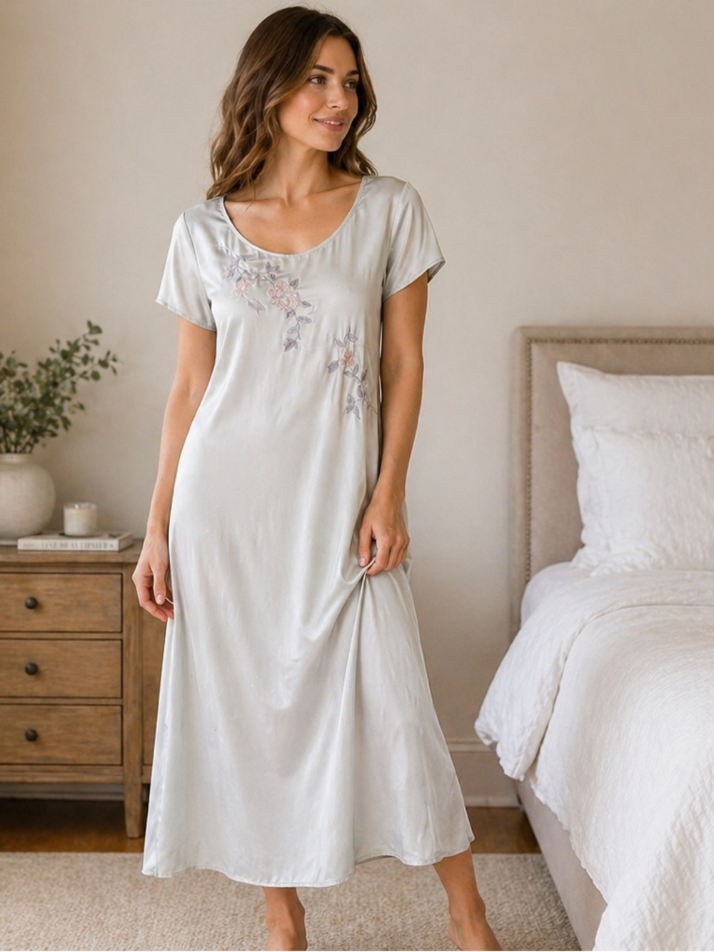 Natori Classics‎ Nightgown Slip Dress Vtg Light Blue Floral Embroidered Small
